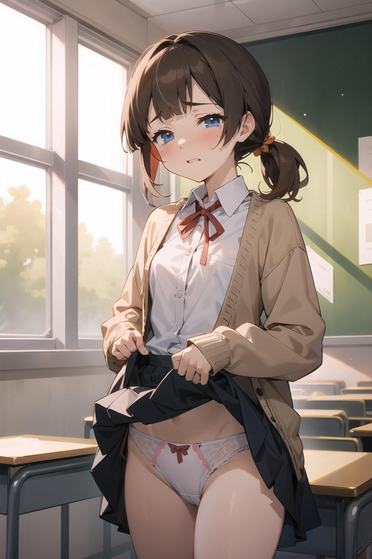 教室でかわいい白パンをセルフパンチラさせられる女の子